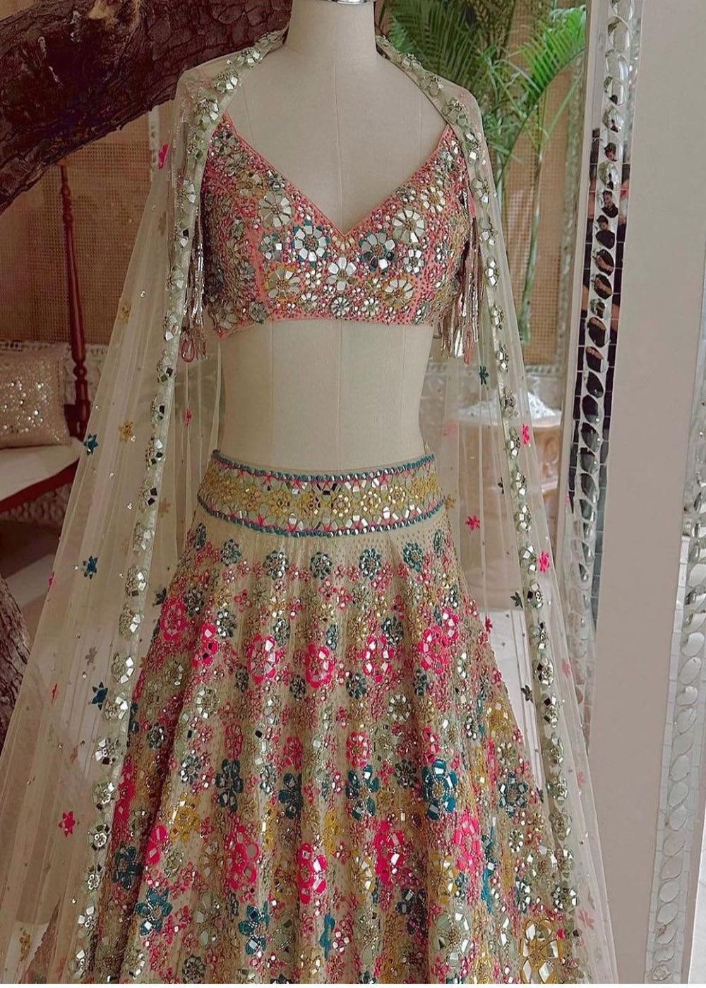 Elegant Beige Silk Mirror Work Bridal Wear Lehenga Choli