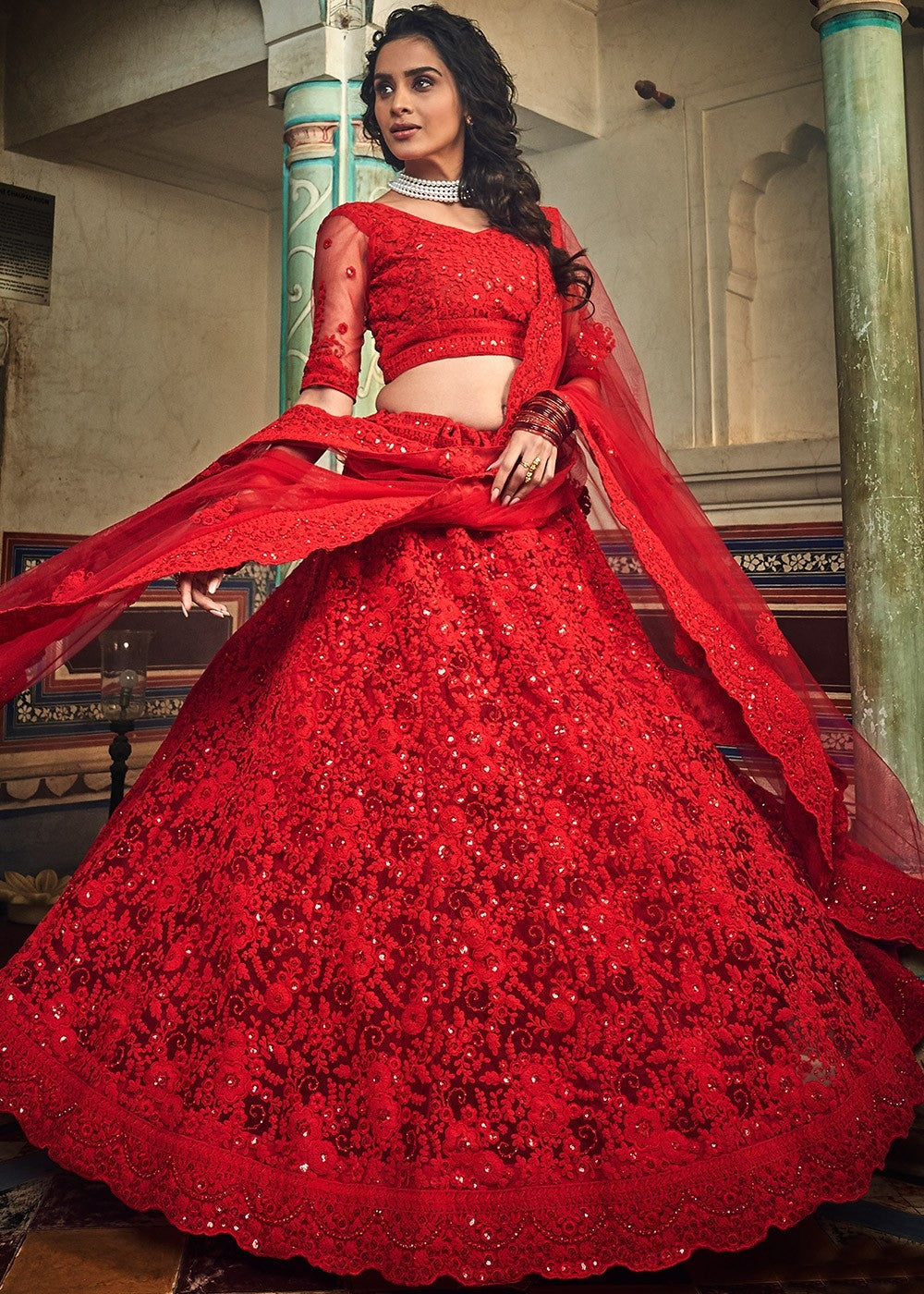 Cute Red Color Premium Net Bridal Wear Lehenga Choli