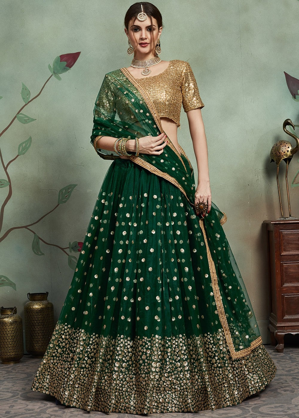 Exquisite Dark Green Color Organza Wedding Wear Lehenga Choli