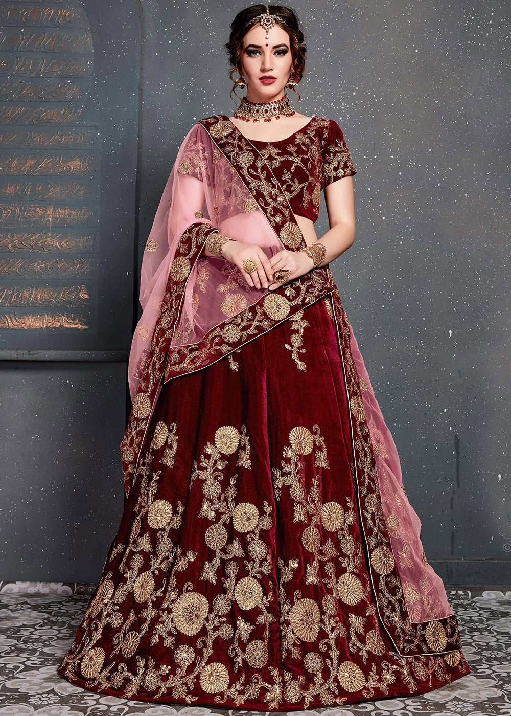 Magnificent Blood Red Premium Velvet Bridal Wear Lehenga Choli